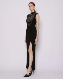 John Richmond Abito Lungo Con Spacco Laterale -John Richmond abito lungo con applicazioni sul davanti john richmond 53760932184411