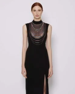 John Richmond Abito Lungo Con Spacco Laterale -John Richmond abito lungo con applicazioni sul davanti john richmond 53760932249947